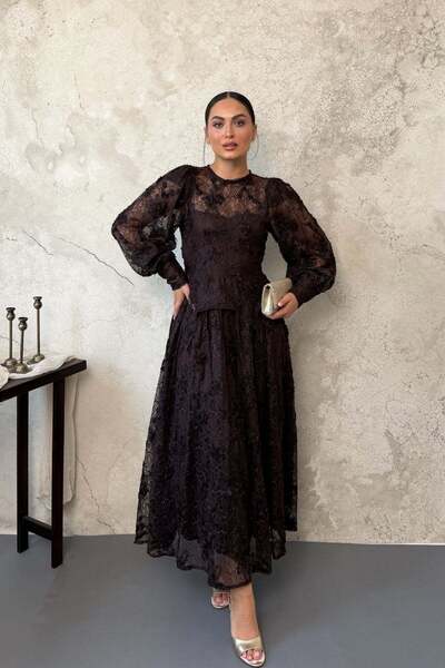 Elbee Fashion Woman Καφέ δαντελωτό φόρεμα με κορδόνι