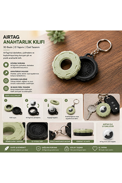 SAF HOBİ ATÖLYE DESİGN Airtag Compatible 3D Printed Rotating Flip Cover Keych...