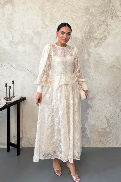 Elbee Fashion Woman Εκρού Δαντελένιο Φόρεμα με Κορδόνια