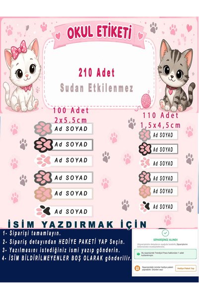 aiki Pati Desenli Kesimli, İsim Yazılabilen Okul Etiketi Kalem Defter Isim Yazılabilen etiket, 210 adet