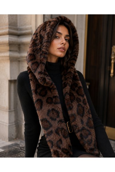 Luminos Butik Kadın Kahve Leopar Desenli Peluş Kürk Boyunluk BYN14