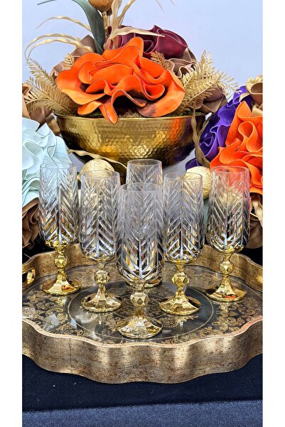 EVRA Bohemia Kristal Titanyum Gold Kesme 6 Adet Kahve Yanı Su Bardağı 180ml