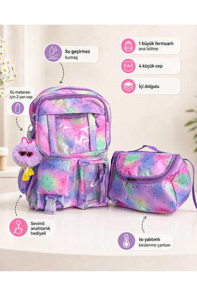 GRT Kız Çocuk Okul Çantası 2’li Set Beslenme Çantalı Kore Tarzı Renkli Pastel...