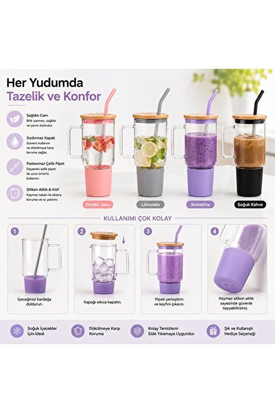 KONTEF Kapaklı Cam Mug 1000 ml – Bambu Kapaklı, Çelik Pipetli, Silikon Kılıfl...