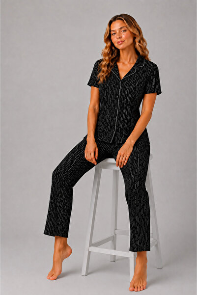 Pijamask Women's Black Patterned Shirt Collar Short Sleeve Buttoned Long Paja...