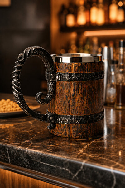 MINDA Dekoratif Ahşap Görünümlü Bira Kupası Viking Tasarımlı Metal Kulplu Bar...