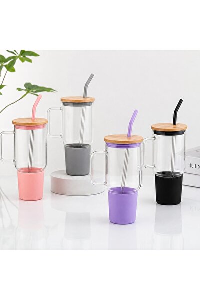 KONTEF Kapaklı Cam Mug 1000 ml – Bambu Kapaklı, Çelik Pipetli, Silikon Kılıfl...