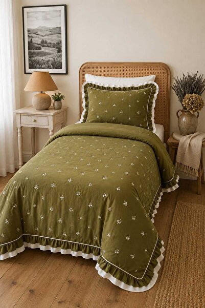 İK TEKSTİL Elora 100% Cotton Double Color Ruffled and Floral Embroidered 4 Pi...