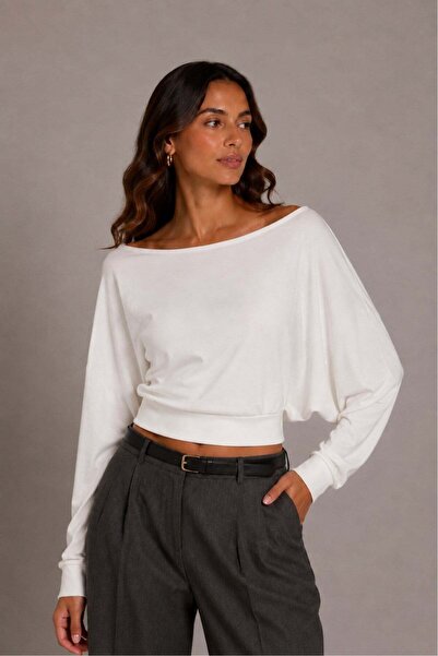 Vadon 1037 women's boat neck off shoulder batwing long sleeve blouse white