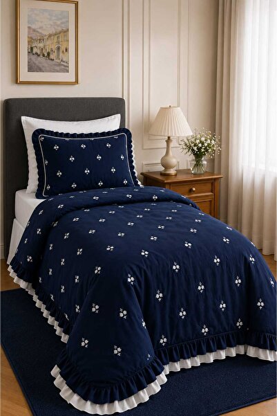 İK TEKSTİL Elora 100% Cotton Double Color Ruffled and Floral Embroidered 4 Pi...