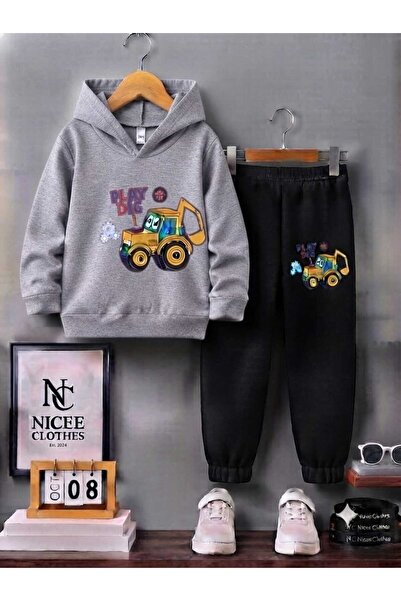 NC Nicee Clothes Детски анцуг унисекс (зимен, с принт на жълт трактор и лопата)