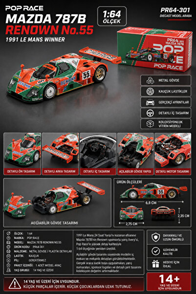 SUDESA OYUNCAK Pop Race Mazda 787B Renown No.55 1991 Le Mans 1:64 Metal Model...