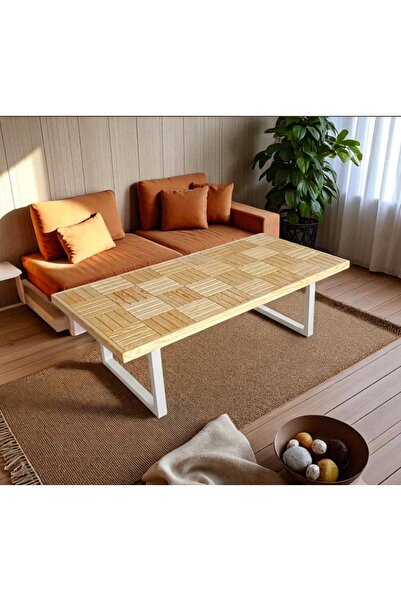 MİRRORSS Orta sehpa doğal vernikli beyaz profil ayak 120 x 60 cm. Ofis salon sehpaları