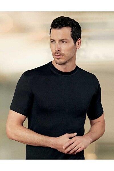 Zulu Ticaret Men's Black Short Sleeve Crew Neck Combed Cotton Undershirt Me004