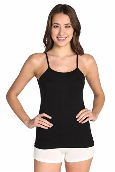 Zulu Ticaret Women's Black Colored Large Size Ribbed Rope Strap Undershirt Ec...