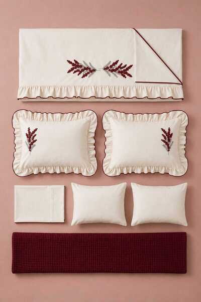 İK TEKSTİL Trigo Burgundy Floral Embroidered Cotton Duvet Cover Set 7 Piece Modern Double Set with Runner