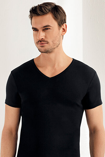 Zulu Ticaret Men's Black Short Sleeve V-neck Ribbed Undershirt Me028