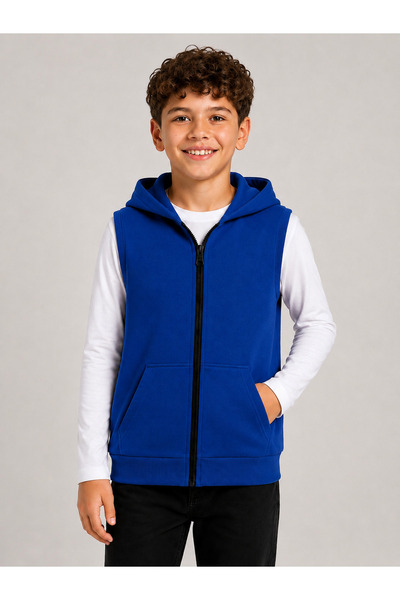 KİDSPİTİRCİK Unisex Children's Saks Blue Vest 100% Cotton 3-Ply Fabric Withou...