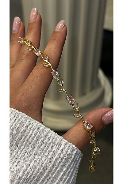 GLARE JEWELRY CO Leaf Model Tree Branch Design Pink Zircon Stone Stainless St...