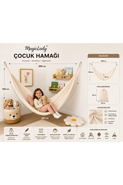 Magiclady Çocuk Hamağı %100 Pamuk Krem Renk – Çocuk Odası Dinlenme ve Oyun Ha...
