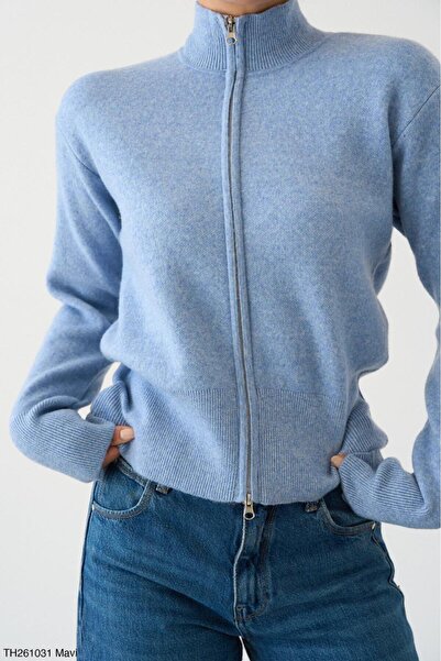 CADDELAMODA Women's Stand Collar Double Zipper Soft Cardigan