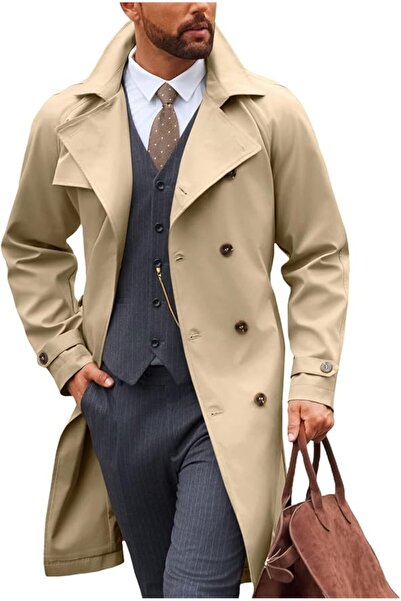 Runcati Men's Double Breasted Split Lapel Casual Belted Windproof Raincoat, C...