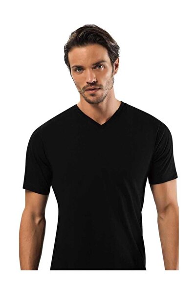 Zulu Ticaret Tutku-Men's Black Ribbed V-Neck Undershirt