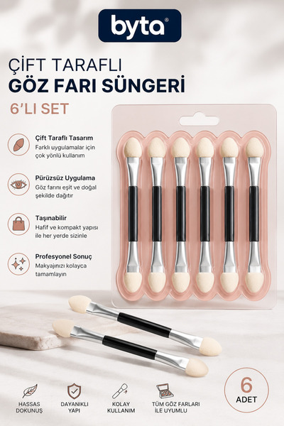 BYTA Çift Taraflı Göz Farı Aplikatörü 6’lı Set – Sünger Uçlu Far Fırçası Maky...
