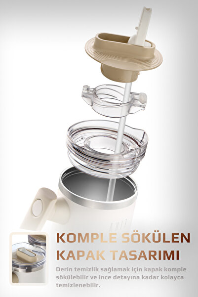 NEOFLAM Fika Lumi Patentli Döner Kulplu Sızdırmaz Çift Ağızlıklı Çelik Termos 950 ML - Bej