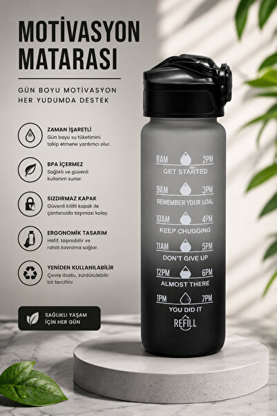 M Mimoza Park 1 Liter Motivational Water Bottle Black