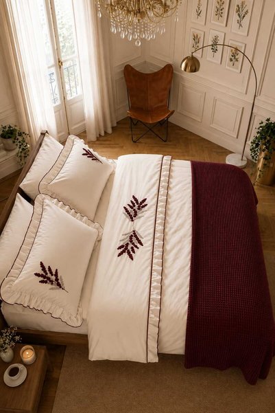 İK TEKSTİL Trigo Burgundy Floral Embroidered Cotton Duvet Cover Set 7 Piece Modern Double Set with Runner