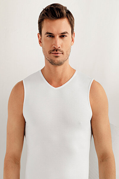 Zulu Ticaret Tutku-Men's White Zero Sleeve V-Neck Undershirt Me078-By