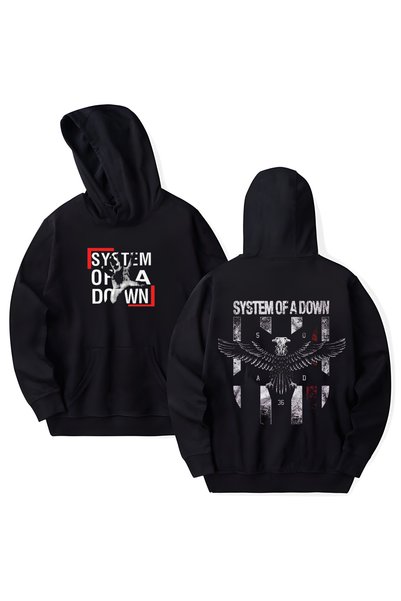 STİL-X سويت شيرت بقلنسوة من القطن المطبوع بأكمام طويلة من System of A Down، م...