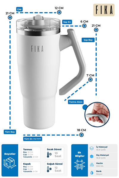 NEOFLAM Fika Lumi Patentli Döner Kulplu Sızdırmaz Çift Ağızlıklı Çelik Termos 950 ML - Beyaz