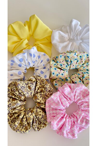 YOYYO Renkli ve Desenli 6'lı Kumaş Scrunchie Toka Seti, Pamuklu Büyük Boy Saç...