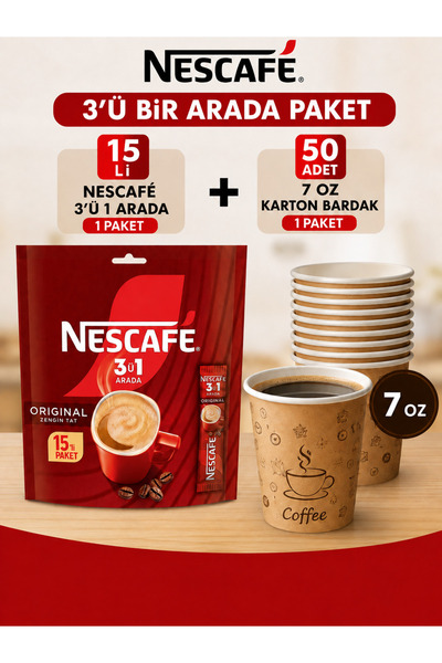 Nescafe 3 Ü BİR ARADA 15 Lİ PAKET VE 7 OZ KARTON BARDAK 50 Lİ