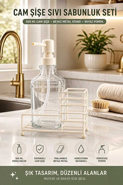 Greathings 500ml Cam Şişe & Beyaz Metal Stand & Beyaz Pompa Sıvı Sabunluk Set...