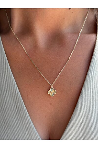 Tuysa Jewelry Gold Yonca Figürlü Minimal Zincir Kolye – Işıltılı Detaylı Kadı...