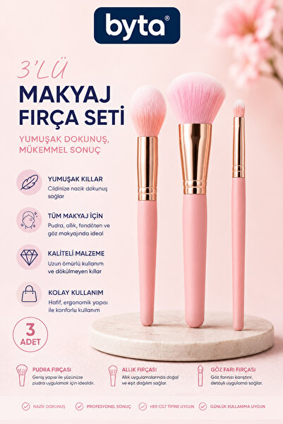 BYTA 3-Piece Makeup Brush Set – Powder, Blush, and Eyeshadow Brush Set with S...