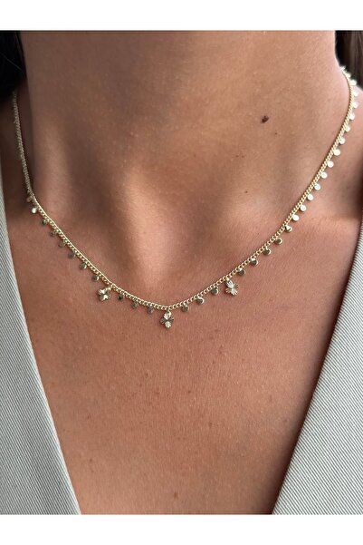Tuysa Jewelry Gold Pullu Yonca Detaylı Zincir Kolye – Minimal Sallantılı Kolye