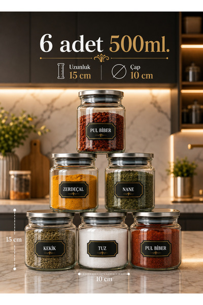 Kitchen Pembelia 6-piece metal lid 500 ml vacuum glass spice jar set with spi...