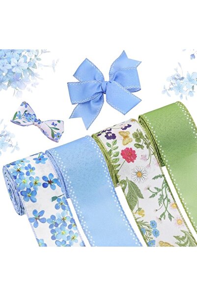 TERRIFI 4 Rolls Wired Edge Floral Ribbon, Green and Blue Spring Summer Wildfl...