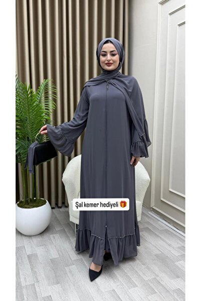 azeldembutik Yeni Sezon Sırma Taşlı Umrelik Ferace Şal ve Kuşak Hediyeli