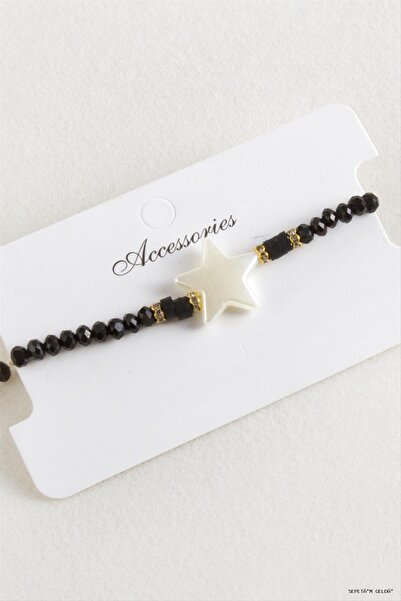 ZERO LAND Spt-Gld Star Pearl Crystal Macrame Rope (234401) Bracelet Black