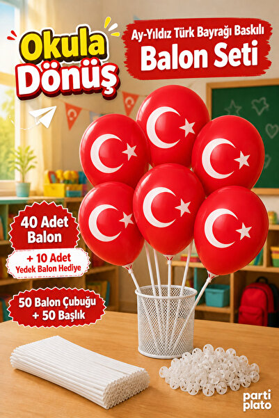 Marlon Balon Back to School 50-Piece Moon-Star Turkish Flag Printed Balloon a...