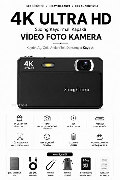 4K Sliding Kamera Dijital Fotoğraf Makinesi | Kızaklı Lens Kapaklı | 48MP | 16X Zoom | 64GB SD Kart Hediyeli - SİYAH