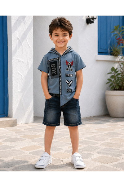 KAMİKAM Hooded Set with Denim Shorts