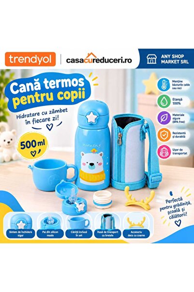 ASMXX Cană Termos pentru Copii 500 ml, cu Pai și Căniță Inclusă, Husă de Tran...