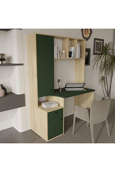 klubeconcept Liva Çok Fonksiyonlu Meşe Yeşil Çalışma Masası – Kitaplıklı, Dol...