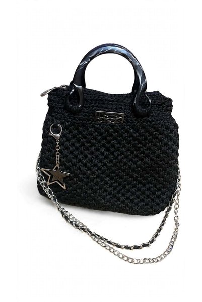 LOLLY OFFICIAL Black Crochet Handbag - Shoulder Bag with Acrylic Marble Handl...